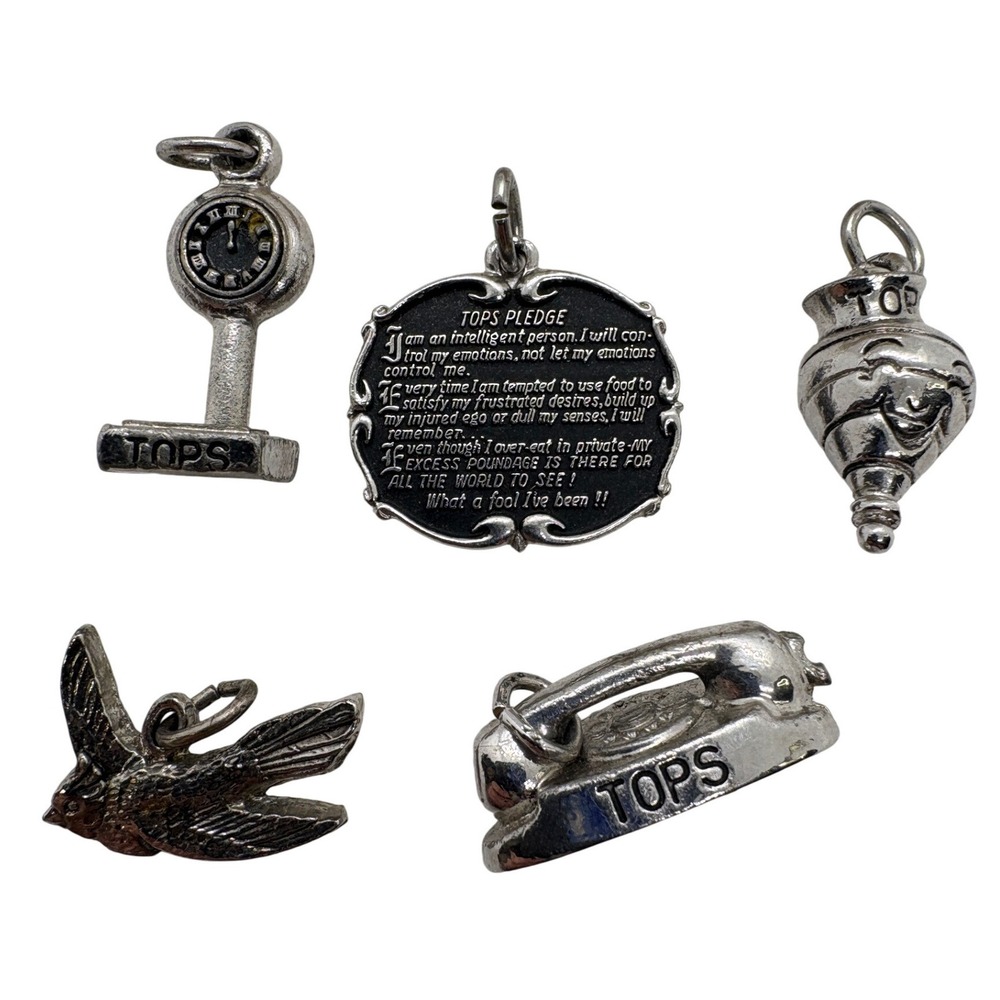 Vintage TOPS Silver Tone Charm Lot Pledge Phone Pal Bird Scale Spinning Top 5pc